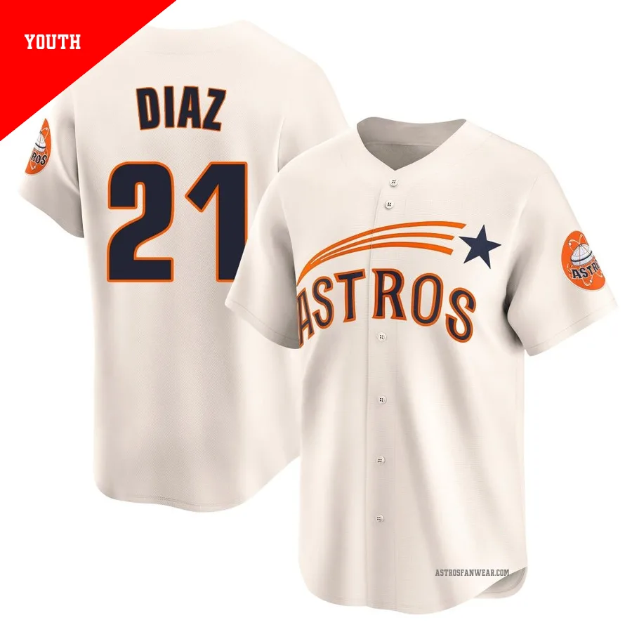 Houston Astros ＃21 Yainer Diaz Youth Cream Limited Throwback Cooperstown Collection Jersey