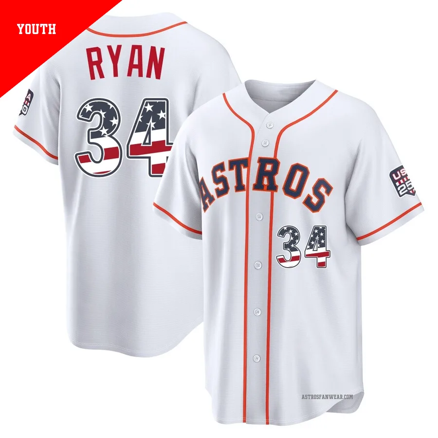 Houston Astros ＃34 Nolan Ryan Youth White Limited USA 250 Fourth Of July Home Stadium Jersey