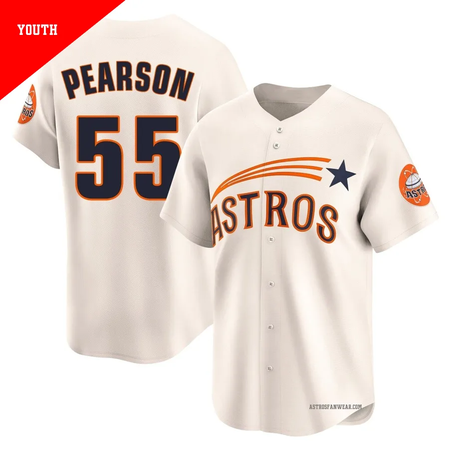 Houston Astros ＃55 Nate Pearson Youth Cream Limited Throwback Cooperstown Collection Jersey