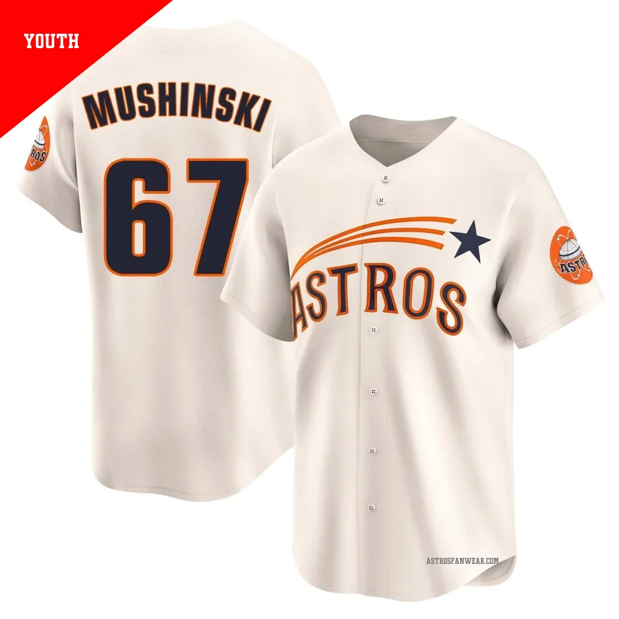 Houston Astros ＃67 Parker Mushinski Youth Cream Limited Throwback Cooperstown Collection Jersey
